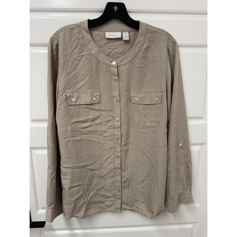 Chicos 1 Top Blouse Tan Button Front Long Sleeve Silky S/M A12